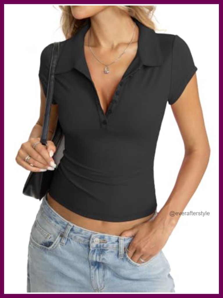 Women's V-Neck Polo Shirt Short Sleeve Button Down Blouse Business Casual Top